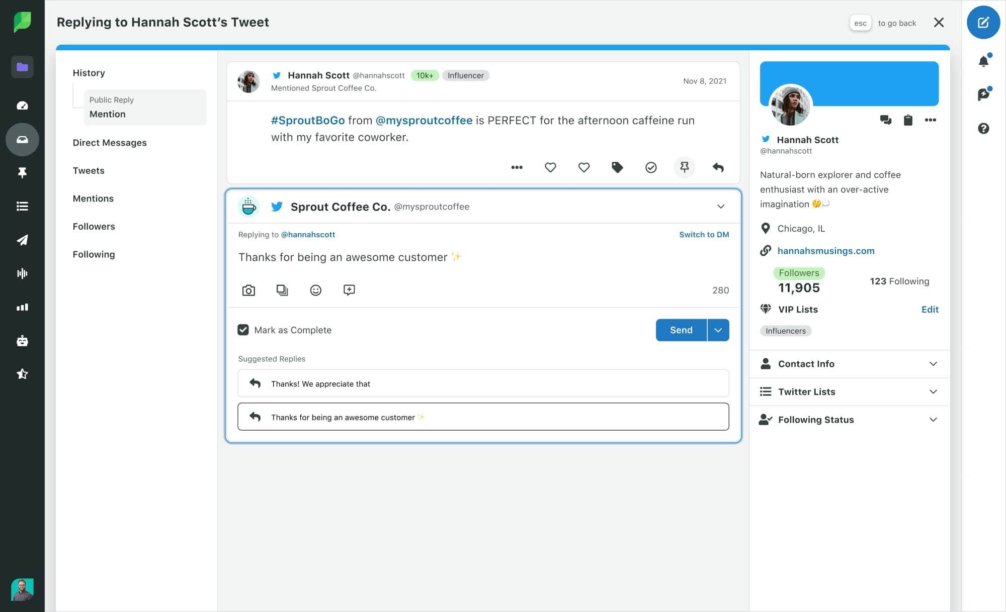 AI marketing tool Suggest Replies in Sprout Social Inbox