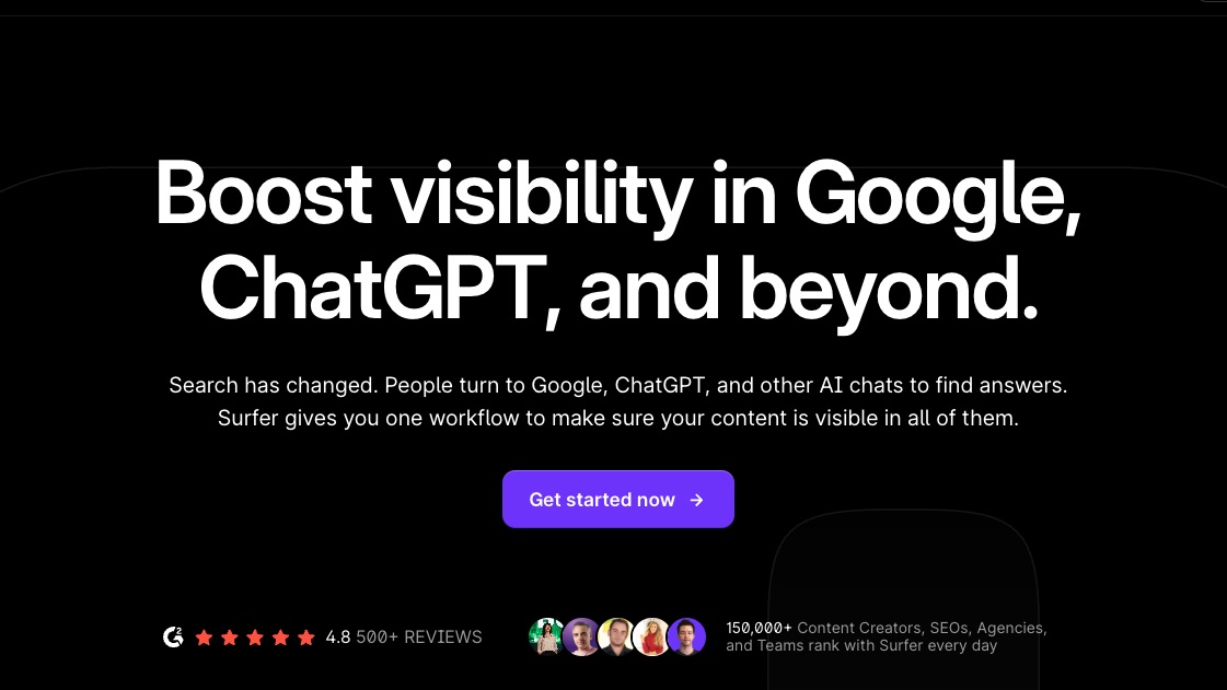 Surfer SEO homepage emphasizing its content optimization platform designed to boost online visibility across traditional search engines and AI chatbots.