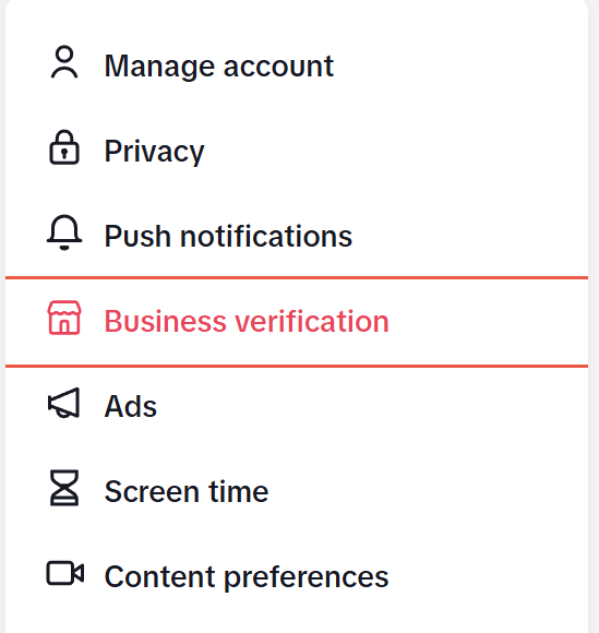 The Business Verification tab in TikTok.