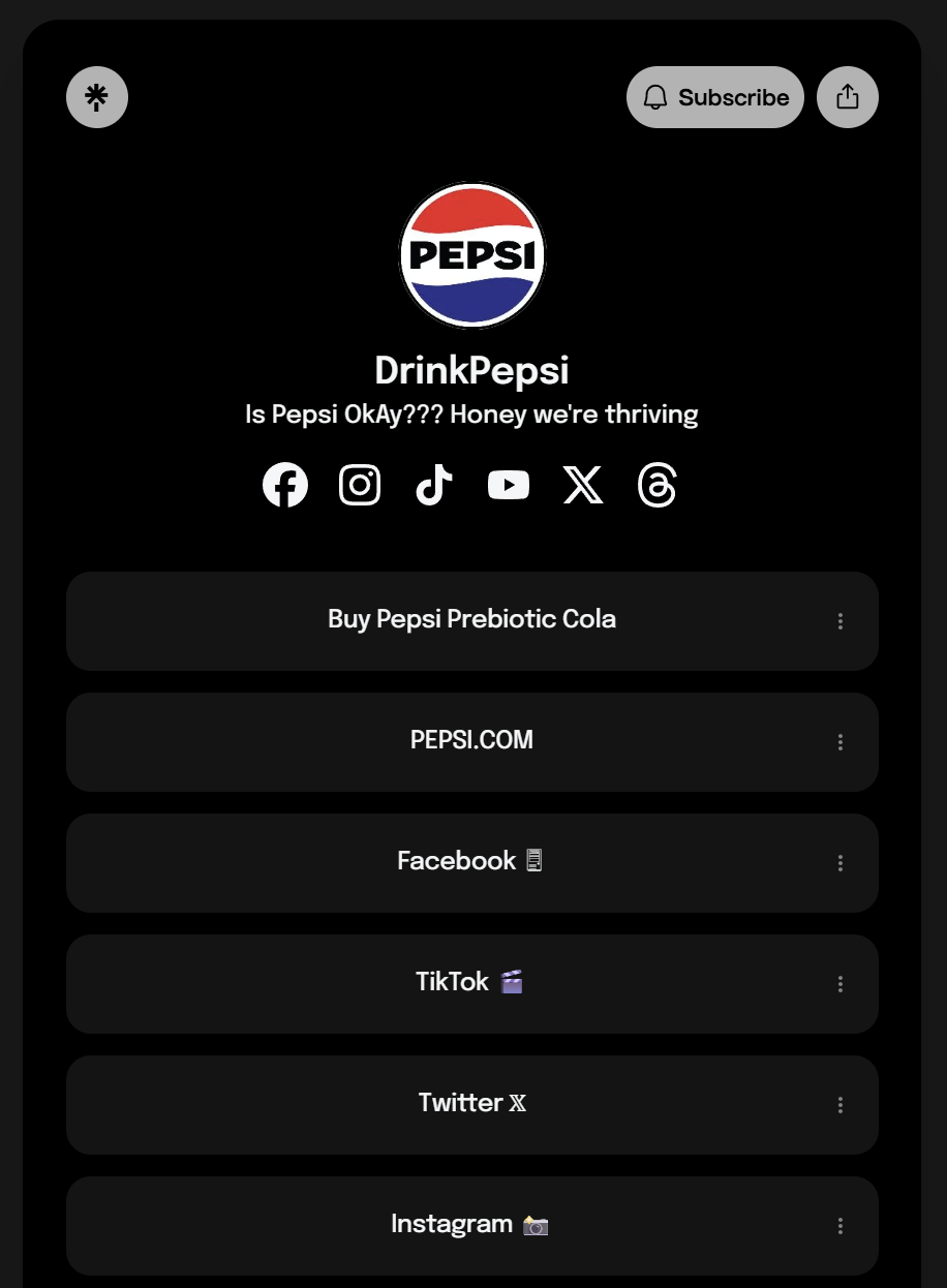 Pepsi’s Linktree page, linked to from its TikTok account.