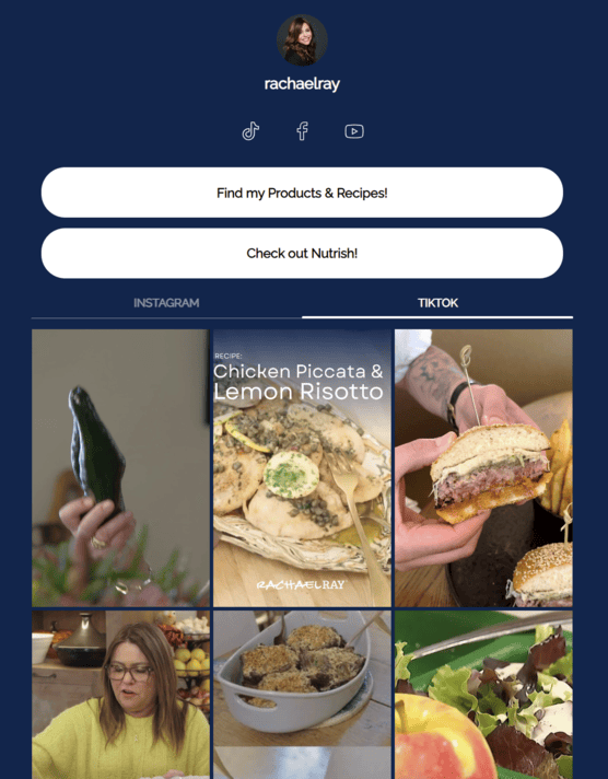 Rachael Ray’s linkin.bio page, linked to from its TikTok account.