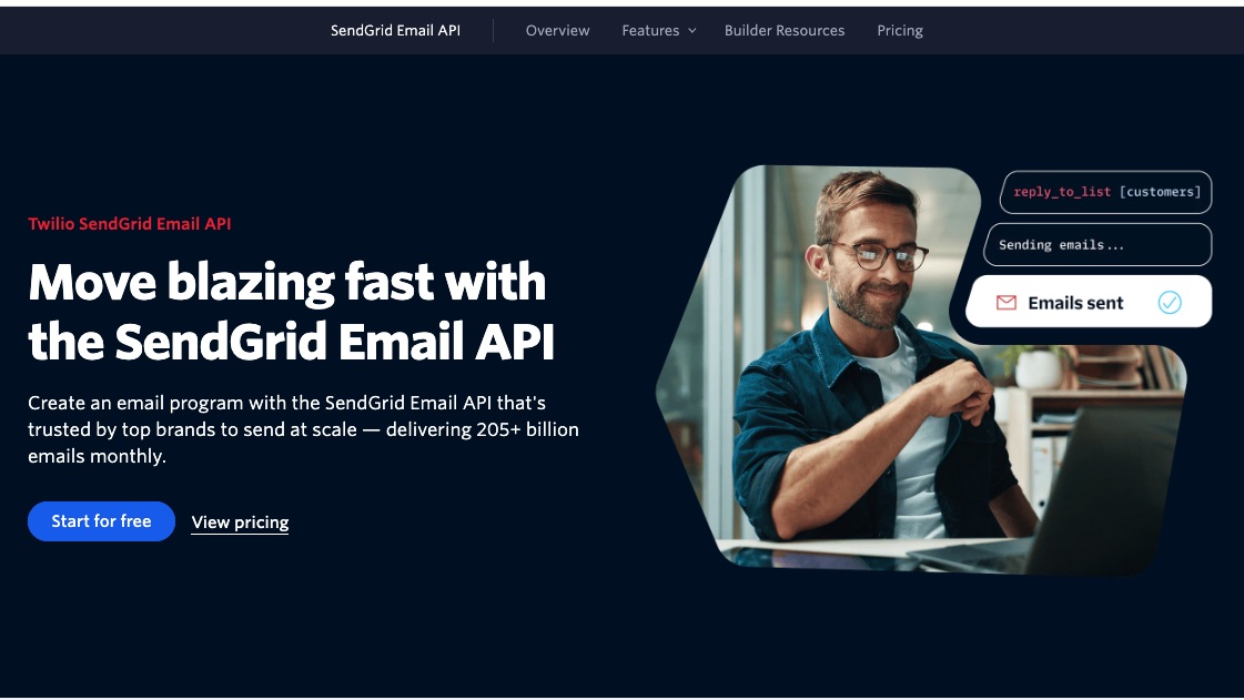 Twilio SendGrid homepage highlighting its Email API platform for developers, featuring messaging about sending automated, scalable emails quickly and reliably.