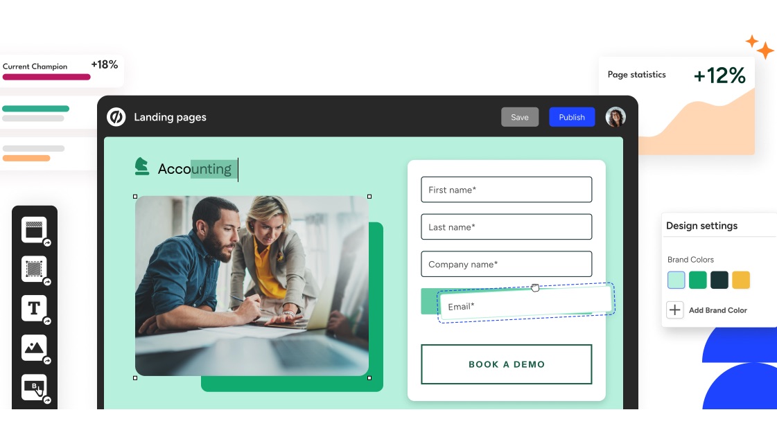 Unbounce landing page builder interface showcasing its drag-and-drop editor for creating custom pages, featuring a lead capture form and personalized brand color settings.