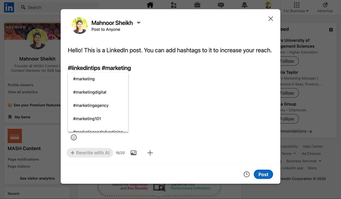 Use the # key to add hashtags to your LinkedIn posts