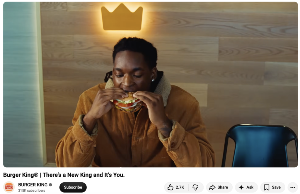 The YouTube video version of Burger King's “There's a New King and It's You” ad