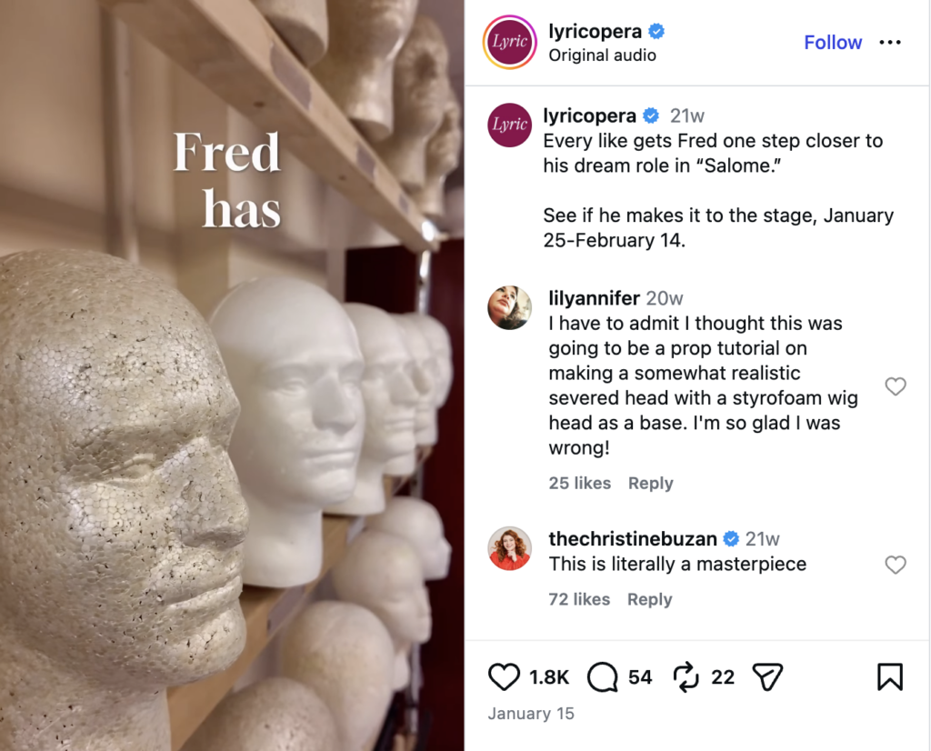 An Instagram Reel from Lyric Opera about a styrofoam, sentient head named Fred from their pop department