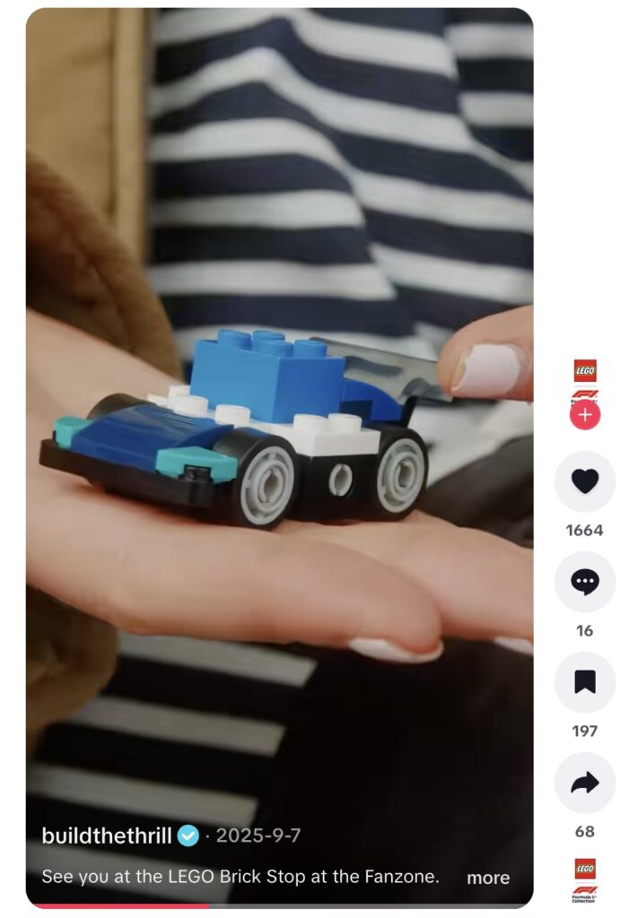 A TikTok video from the LEGO Build The Thrill event in the fanzone of a F1 race where fans are building their own LEGO cars