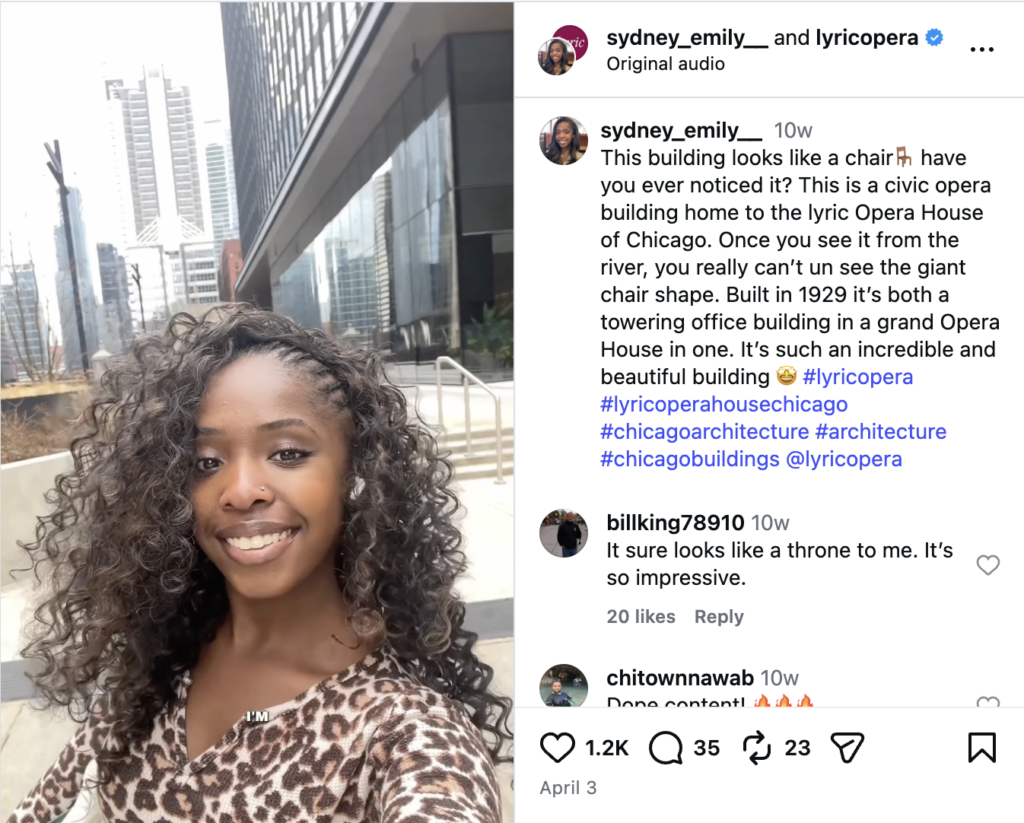 A post from creator Sydney Emily about the history of the Lyric Opera building