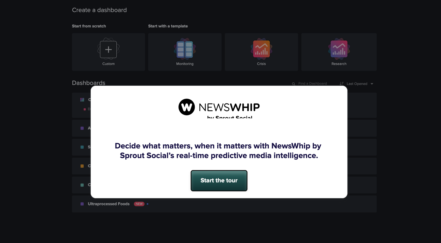 Screenshot of the NewsWhip interface showing a module to start the product tour.