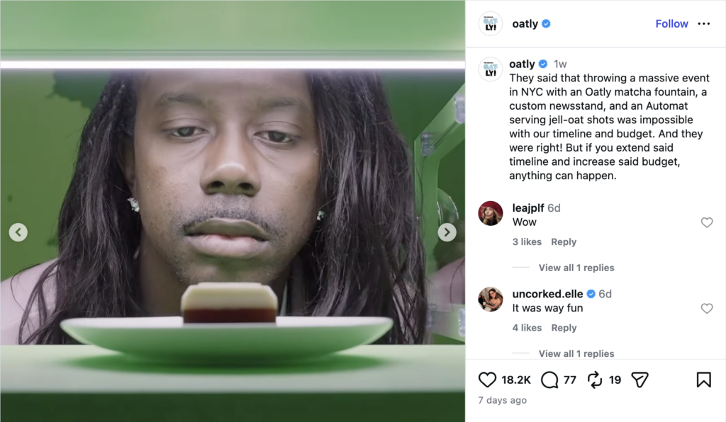 An Instagram carousel from Oatly from their recent matcha launch campaign and IRL events