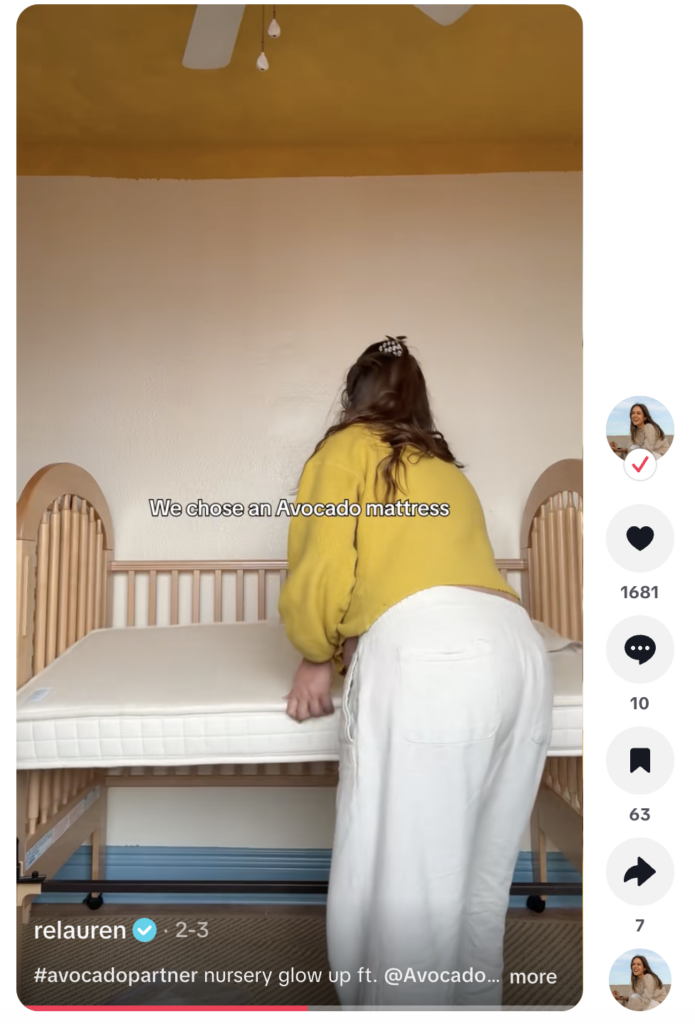 A TikTok video from creator ReLauren about how she bought an Avocado mattress for her baby's crib because it aligns with her other sustainability values.