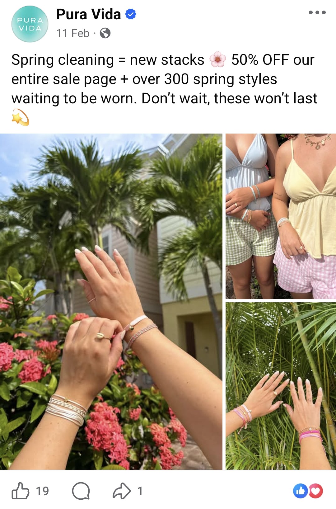 Facebook post by Pura Vida featuring a collage of three lifestyle photos of women wearing stacked bracelets outdoors with a caption announcing a 50 percent off spring sale.