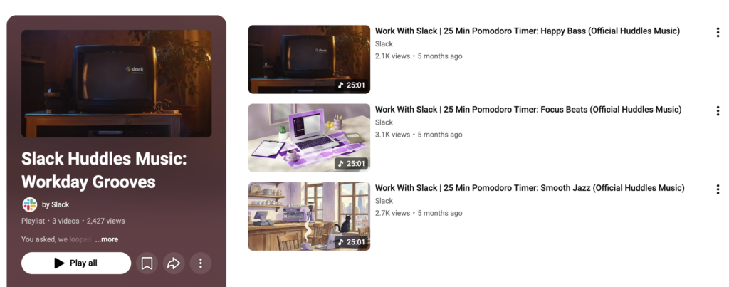 A YouTube playlist from Slack featuring tracks from their Huddles