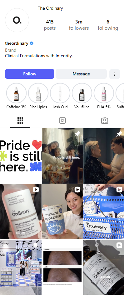 Instagram homepage of UK Skincare Brand the Ordinary