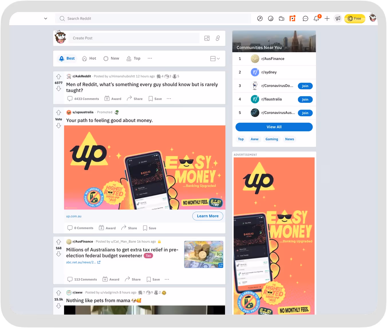 Screenshot of an Up Bank promoted post and sidebar advertisement on a Reddit desktop feed