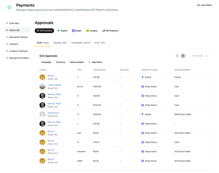 Payments dashboard in Sprout Influencer Marketing showing draft payments that are pending approval