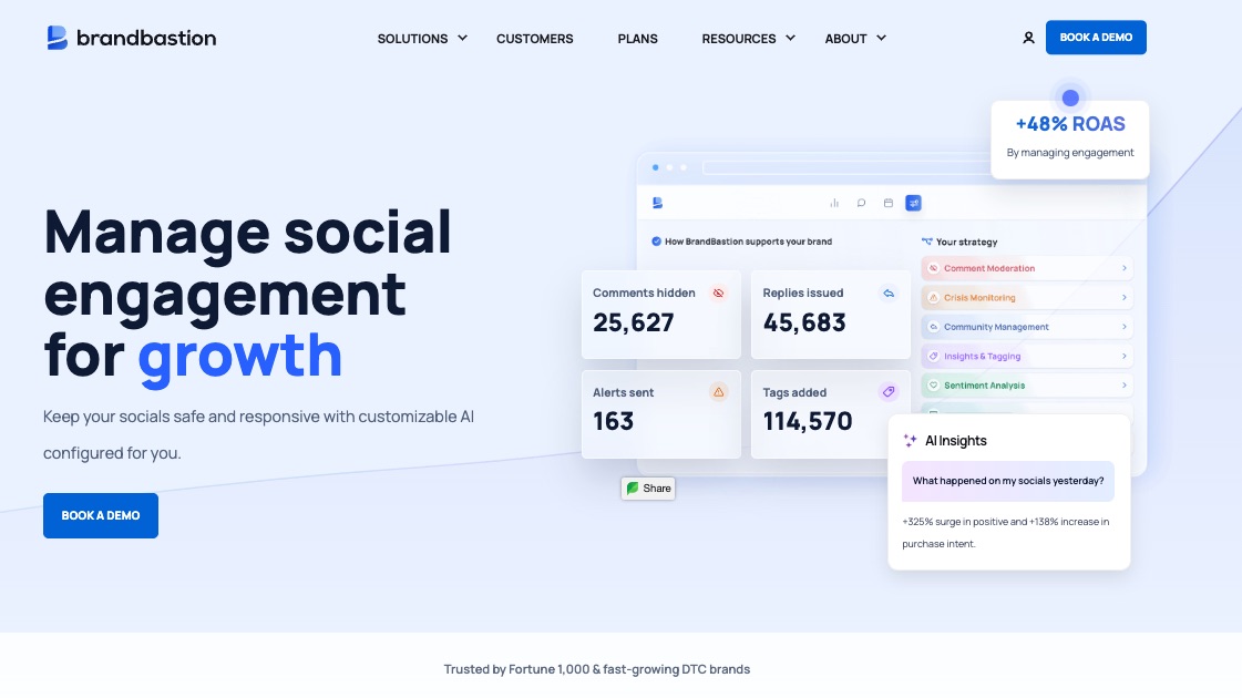 BrandBastion homepage reading "Manage social engagement for growth" next to a mockup of an AI dashboard displaying engagement statistics and insights.