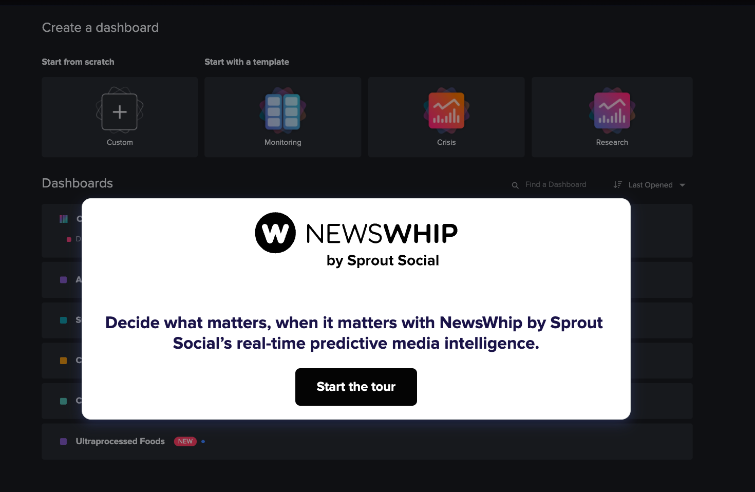 A NewsWhip by Sprout Social dashboard with a welcome modal reading 'Decide what matters, when it matters with NewsWhip by Sprout Social's real-time predictive media intelligence' and a 'Start the tour' button.