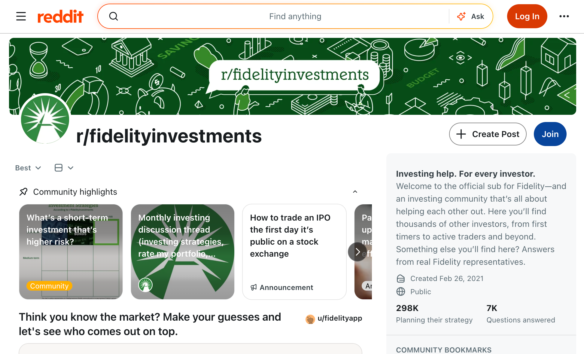 The r/fidelityinvestments subreddit homepage showing 298K members and 7K questions answered by Fidelity representatives.