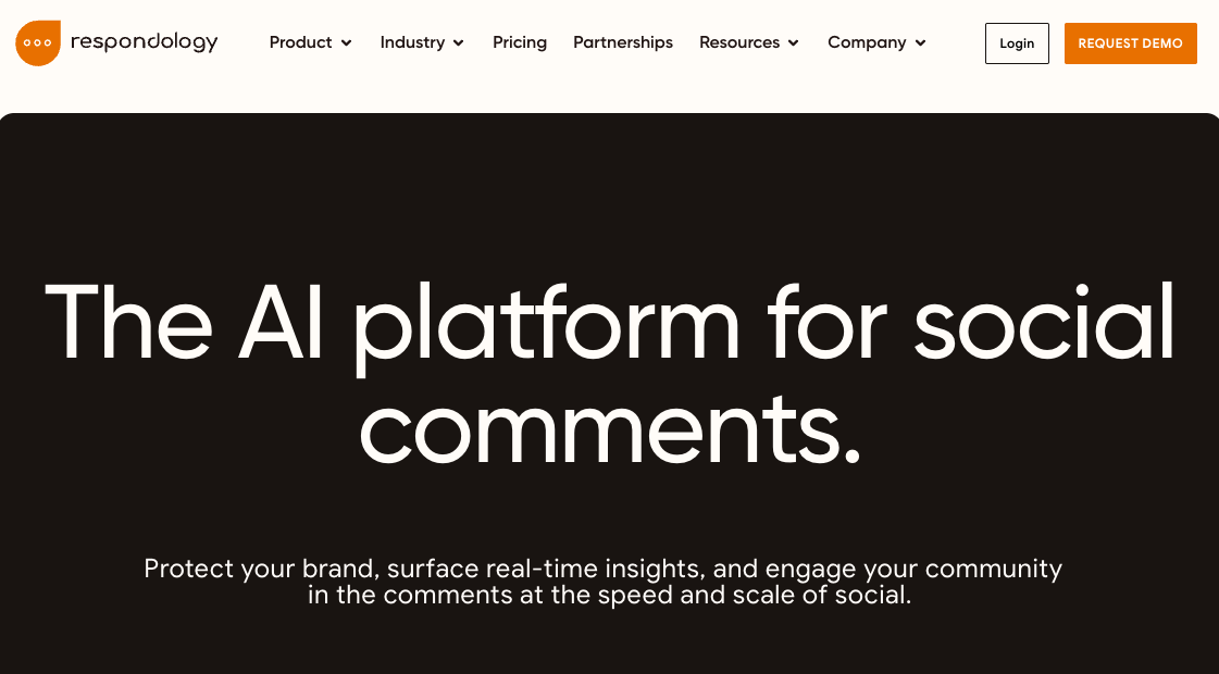 Respondology website hero section featuring the headline "The AI platform for social comments." against a dark brown background.
