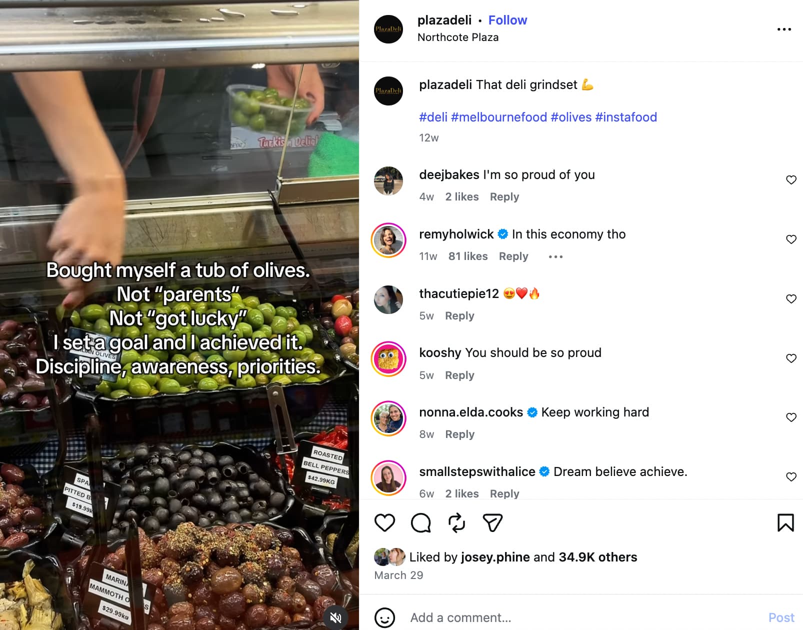 Instagram post from Plaza Deli showing a person packing olives and an in-video caption that reads "Bought myself a tub of olives. Not 'parents.' Not 'got lucky.' I set a goal and I achieved it. Discipline, awareness, priorities."