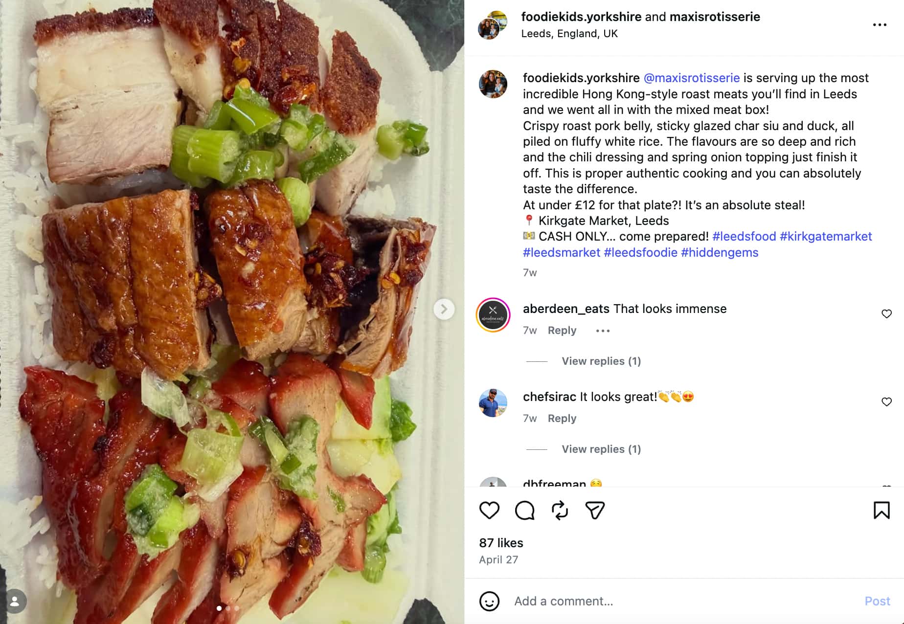Instagram Collab post between a user and Maxi's Rotisserie showing a close-up shot of sliced pork belly on top of rice