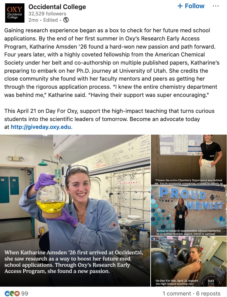LinkedIn post from Occidental College showing the journey of a graduating student