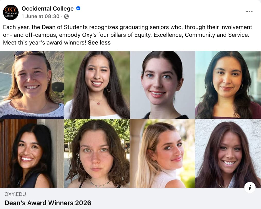Facebook post from Occidental College showing the faces of eight different students who won the Dean's Award 2026