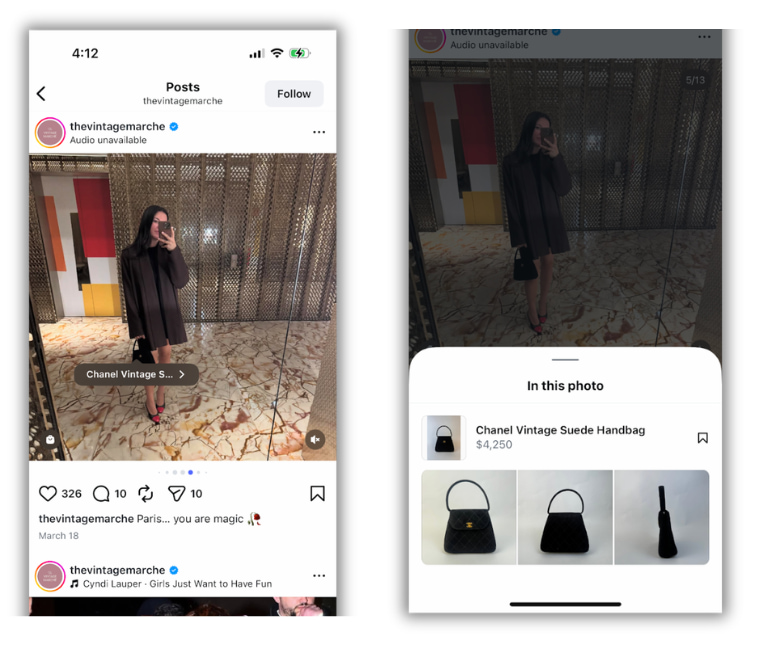 Shoppable post from the Vintage Marche showing a woman carrying a Chanel handbag and an expanded product tag showing the product details
