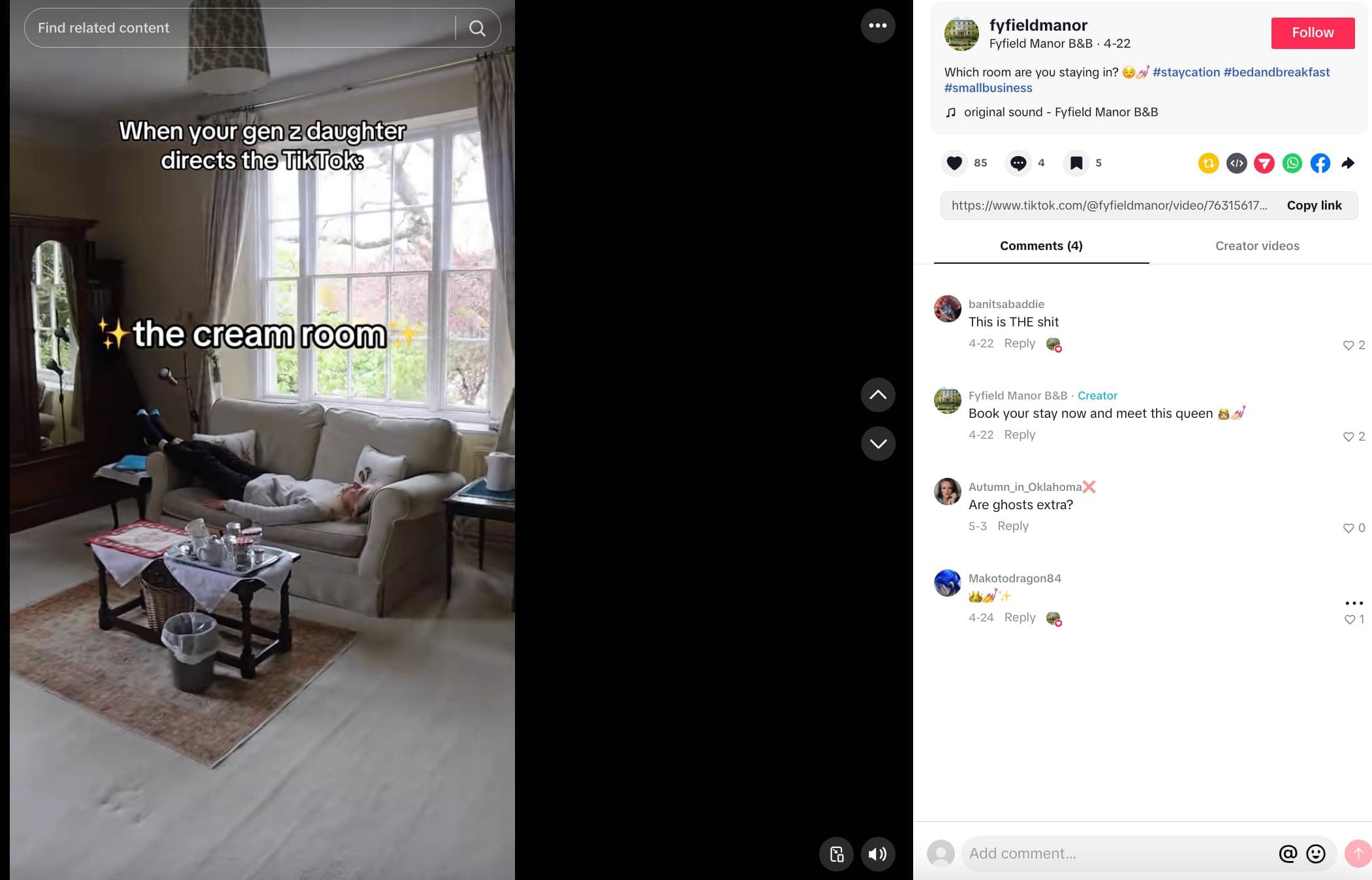TikTok post from Fyfield Manor showing the owner lying on a couch in one of the rooms and a text overlay that reads "When your gen z daughter directs the TikTok:"