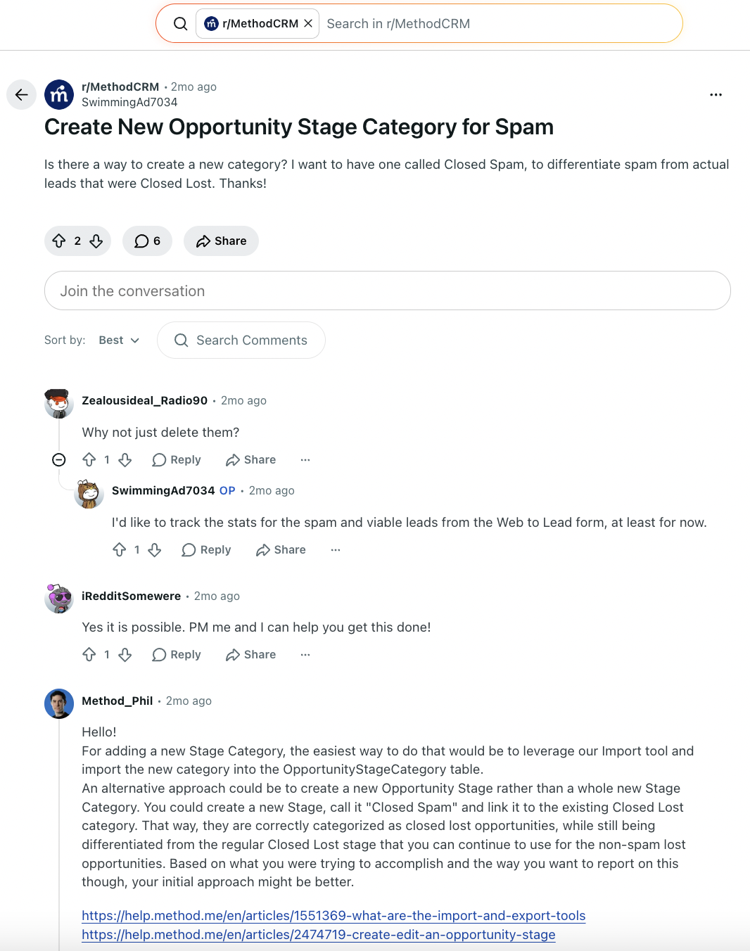 user's post on the Method CRM subreddit asking a question on how to do something in the CRM and a response from a Method team member answering the question