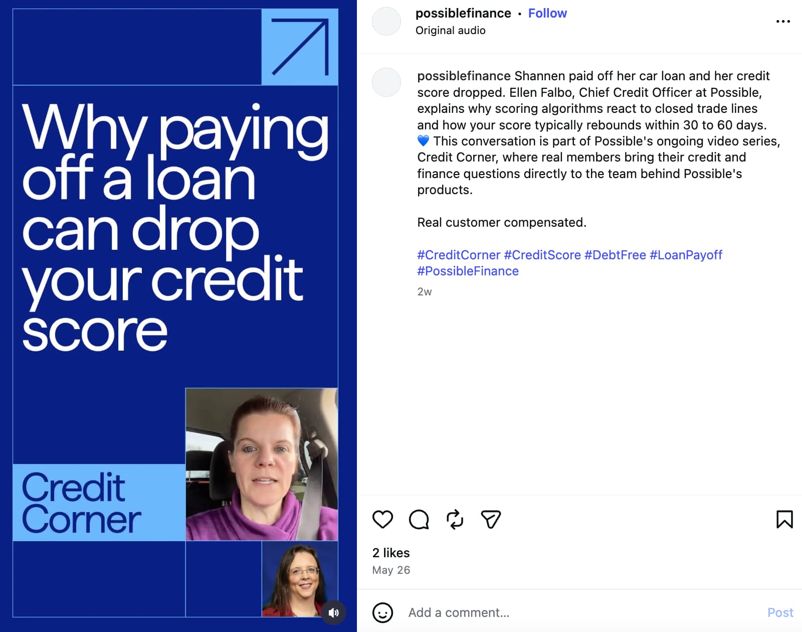 An Instagram post from Possible Finance showing a member's face with the text overlay "Why paying off a loan can drop your credit score"