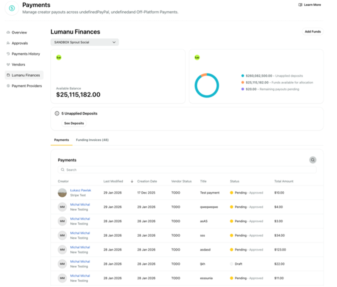 Payments dashboard in Sprout Influencer Marketing showing a list of payments under the Lumanu Finance tab