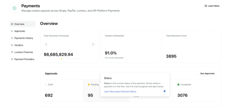 Sprout Influencer Marketing Payments dashboard showing an overview of payments