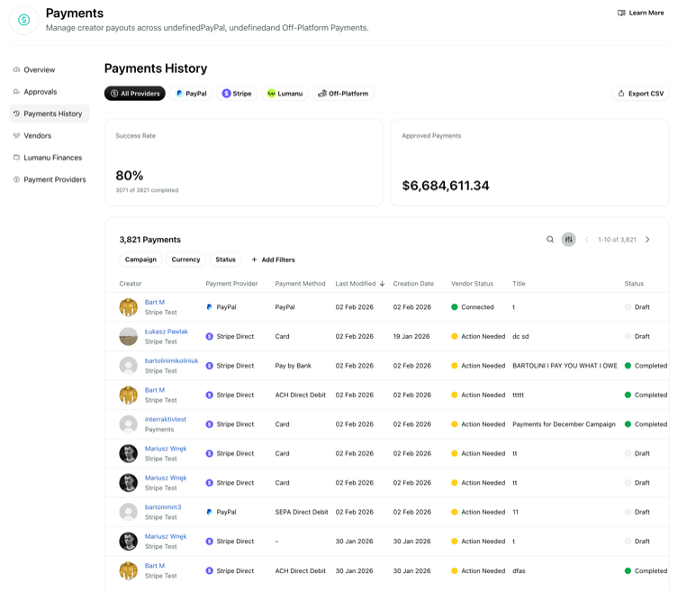 Payments dashboard in Sprout Influencer Marketing showing a full list of payments history