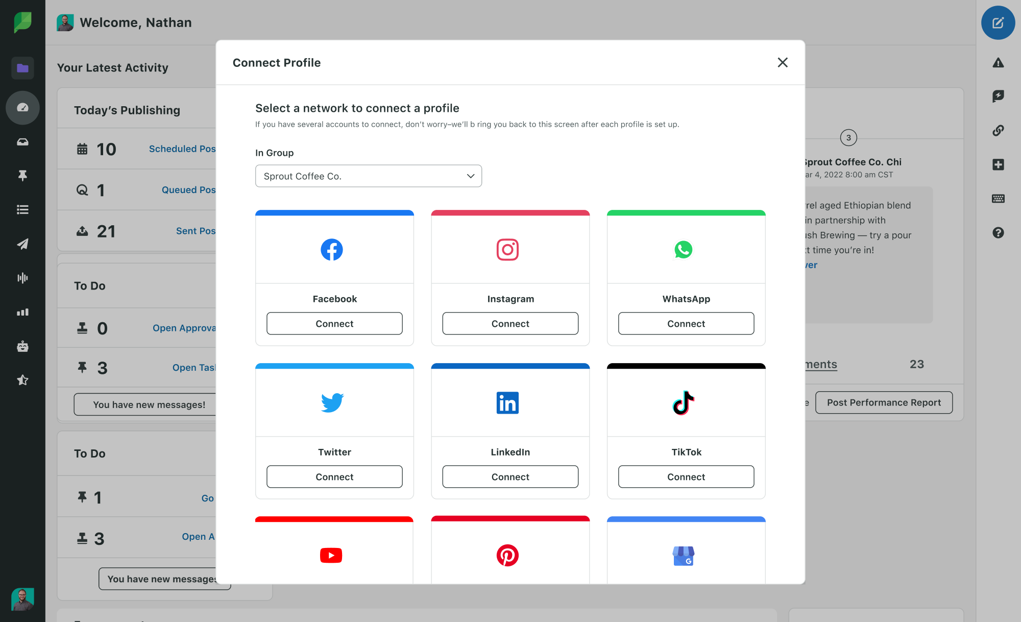 Connect up to five social media profiles to your planner with Sprout Social Essentials