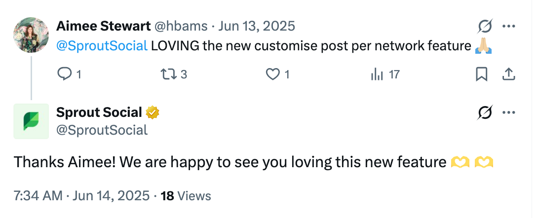 An X exchange where Aimee Stewart praises Sprout Social's new 'customise post per network' feature, and Sprout Social replies thanking her for loving it.