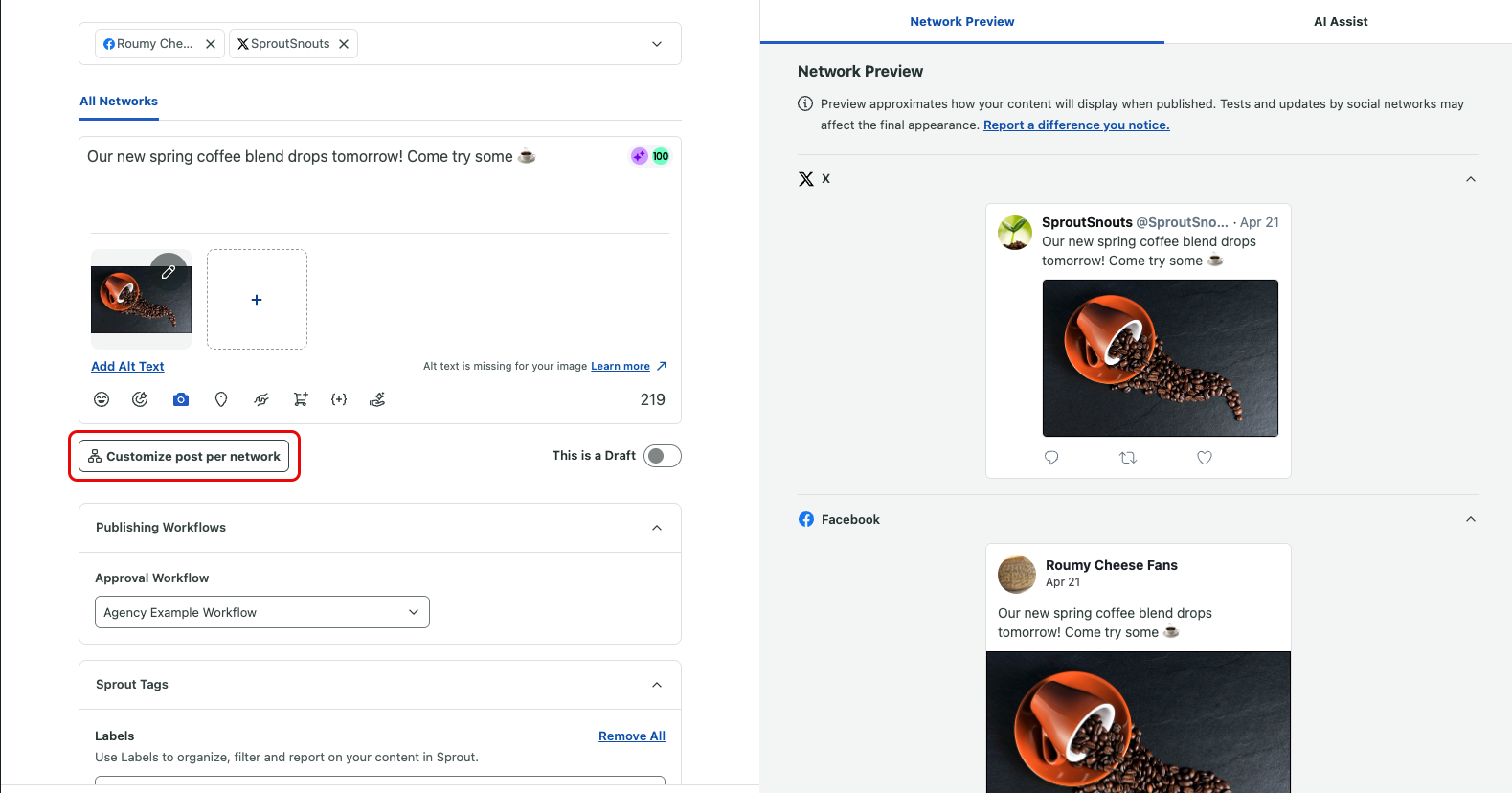 Customizing a post per network in Sprout Social