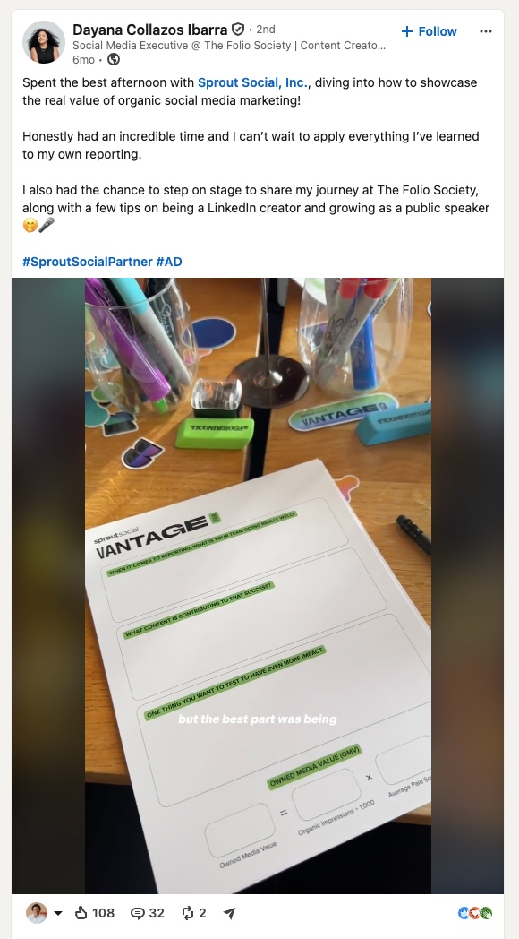 LinkedIn post from a social media executive tagging Sprout Social as a partner, showing behind-the-scenes content from a Sprout Vantage event with the hashtags #SproutSocialPartner and #AD.
