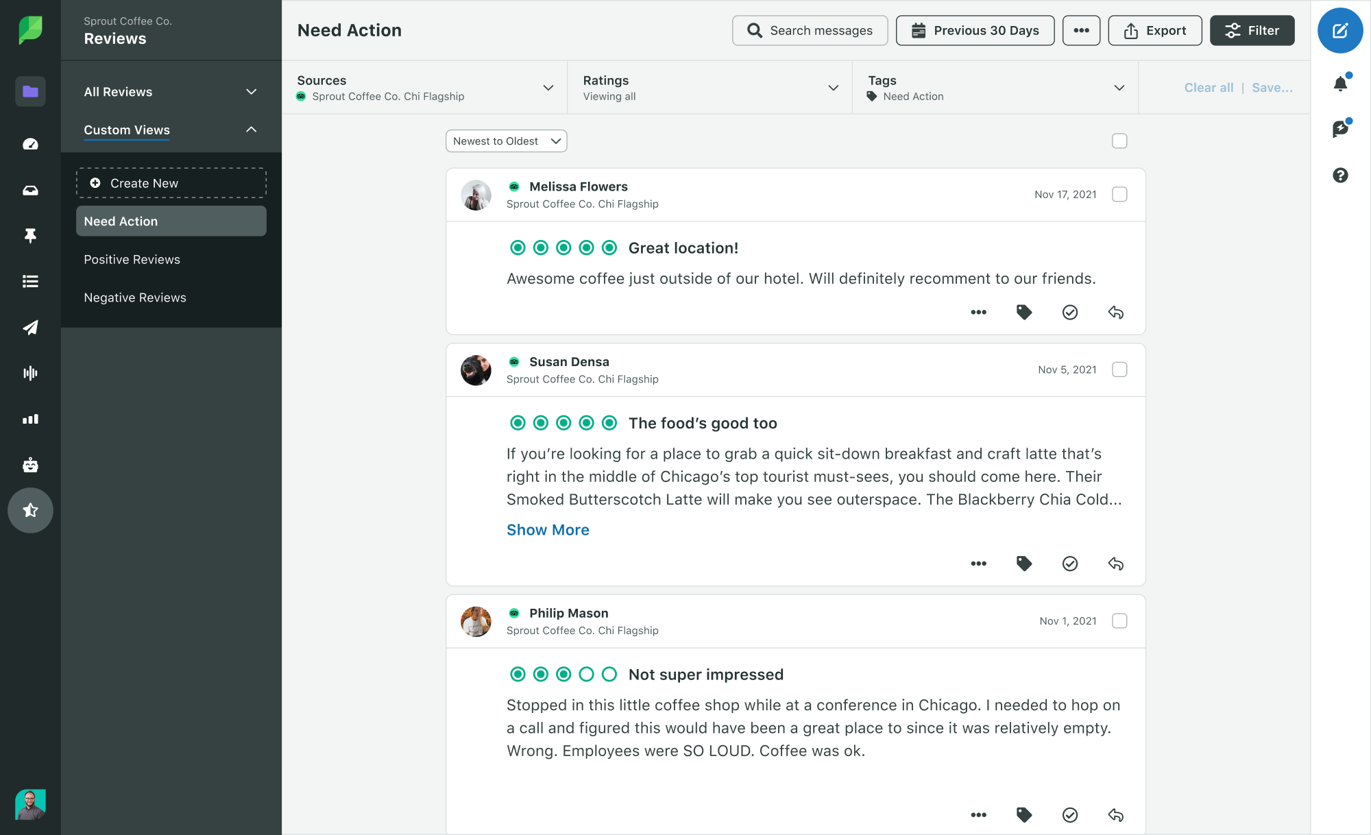 Sprout Social's Reviews 'Need Action' view, listing customer reviews for Sprout Coffee Co. with star ratings and text, including a five-star 'Great location!' review and a three-star 'Not super impressed' review.