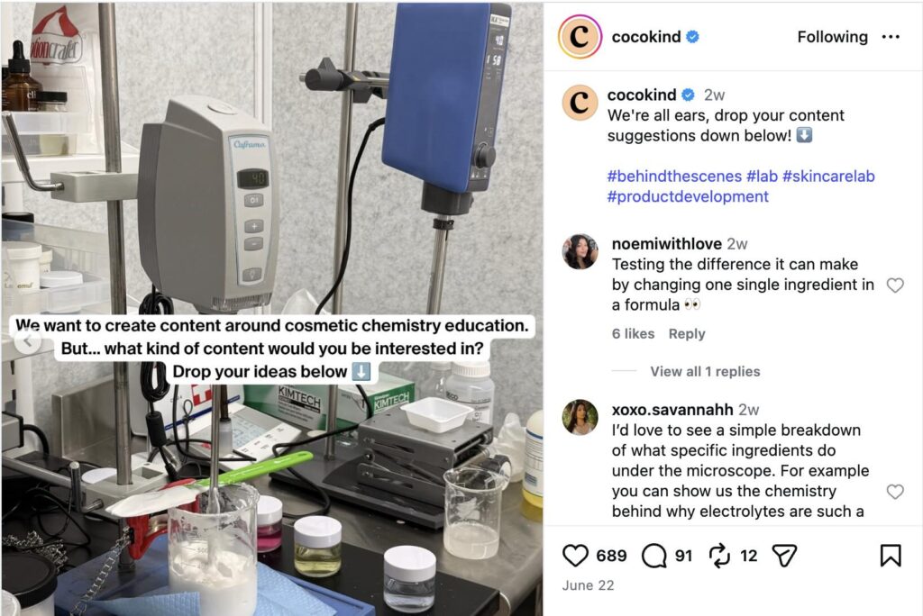An Instagram Reel from Cocokind where they are soliciting product feedback and questions from their audience, while also transparently showcasing their product testing lab