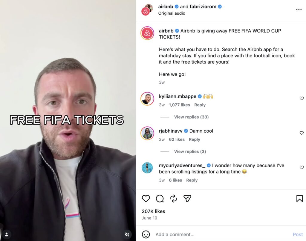 An example of a campaign with a mega influencer, with Airbnb partnering with Fabrizio Romano to announce World Cup tickets.