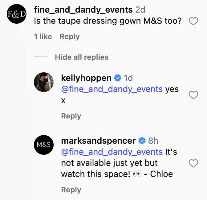 The comment section on a Reel from a Marks & Spencer influencer partner, where a brand representative responds to a customer question about product availability