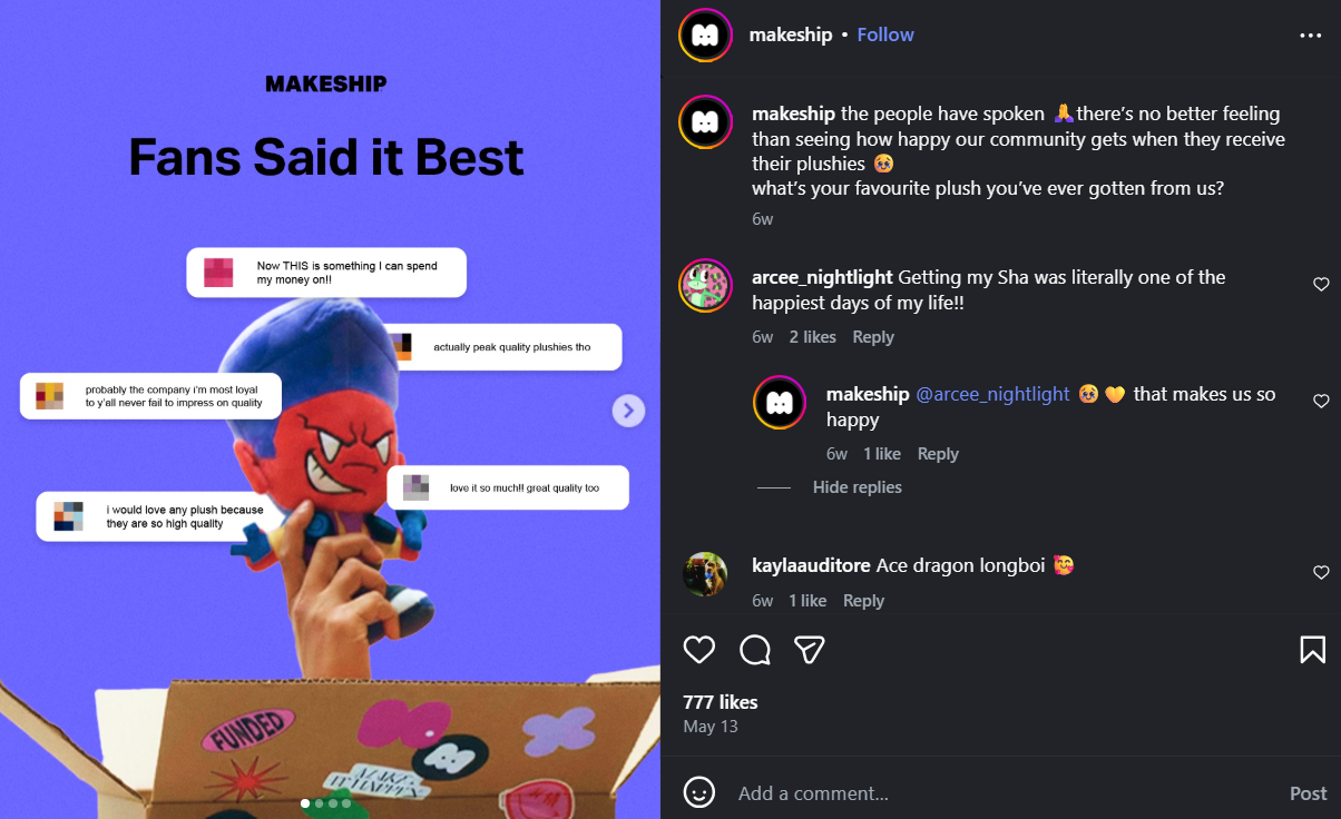 Makeship makes a post made of their social media comments from followers