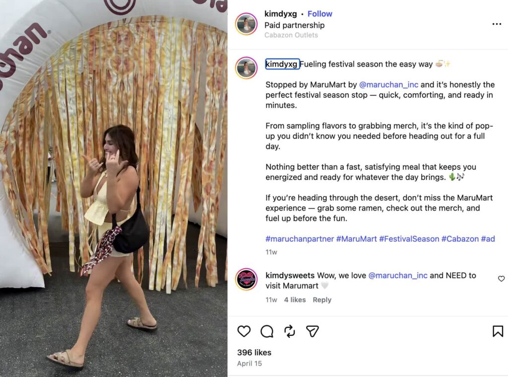 An example of a niche influencer partnership, with creator Kim Garcia partnering with Maruchan noodles, showing a visit to their pop-up at Coachella.