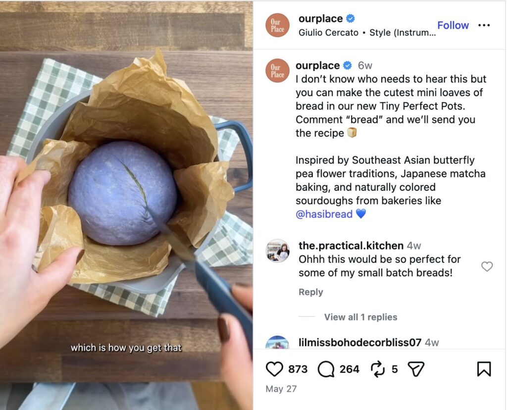An Instagram Reel from Our Place and creator Hasi Bread demonstrating how to make a loaf inspired by Southeast Asian butterfly pea flower traditions, Japanese matcha baking and naturally colored sourdoughs