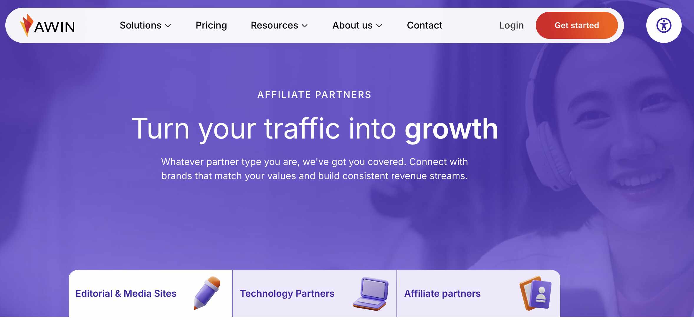 Image of affiliate marketing tool, Awin's homepage.