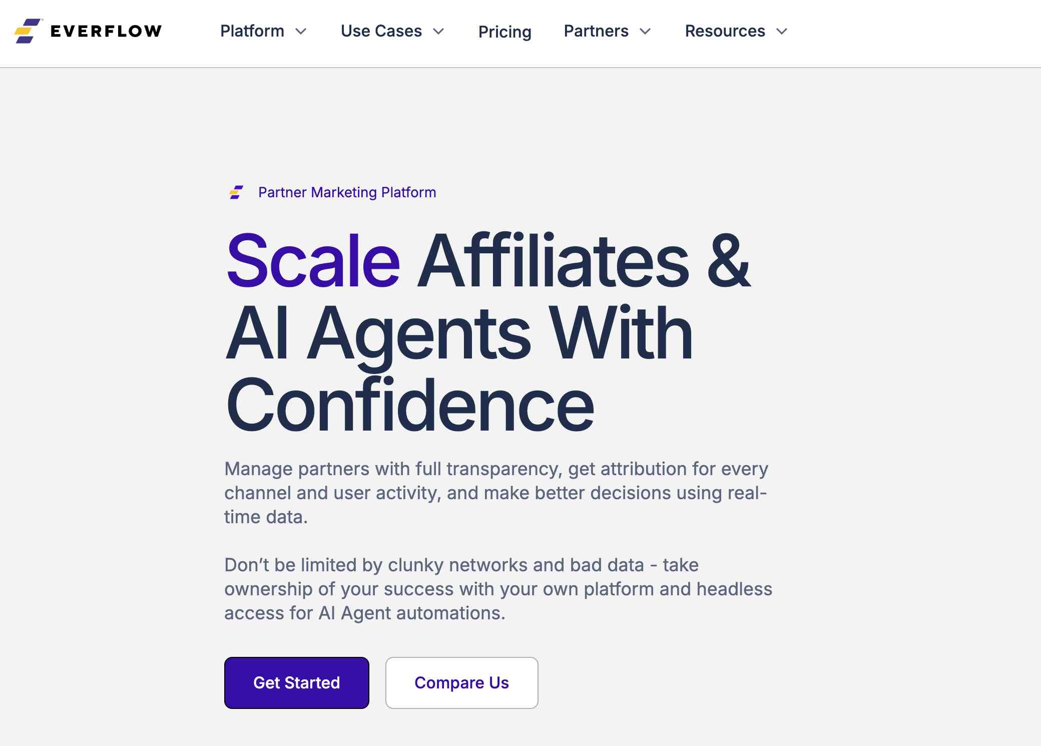Screenshot of affiliate marketing tool, Everflow's homepage