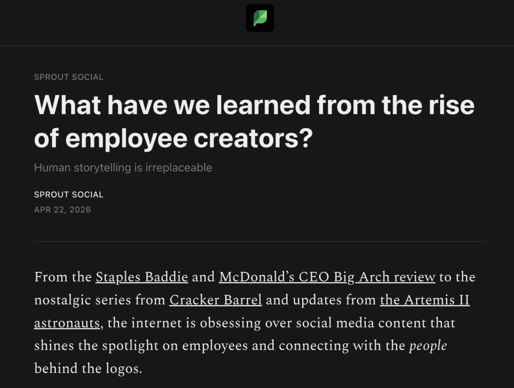 A snippet from Sprout's Substack essay about employee creators