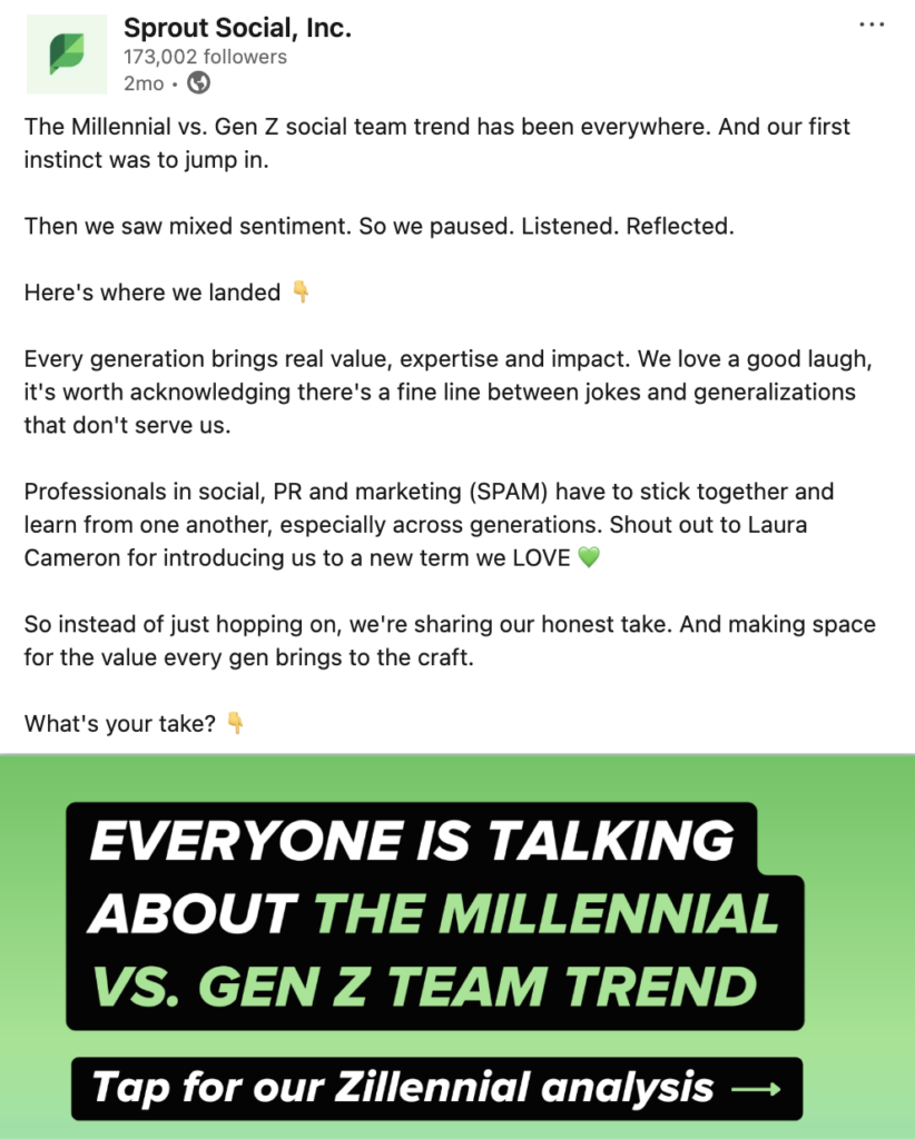 Sprout's LinkedIn post dissecting The Millennial vs. Gen Z Team trend